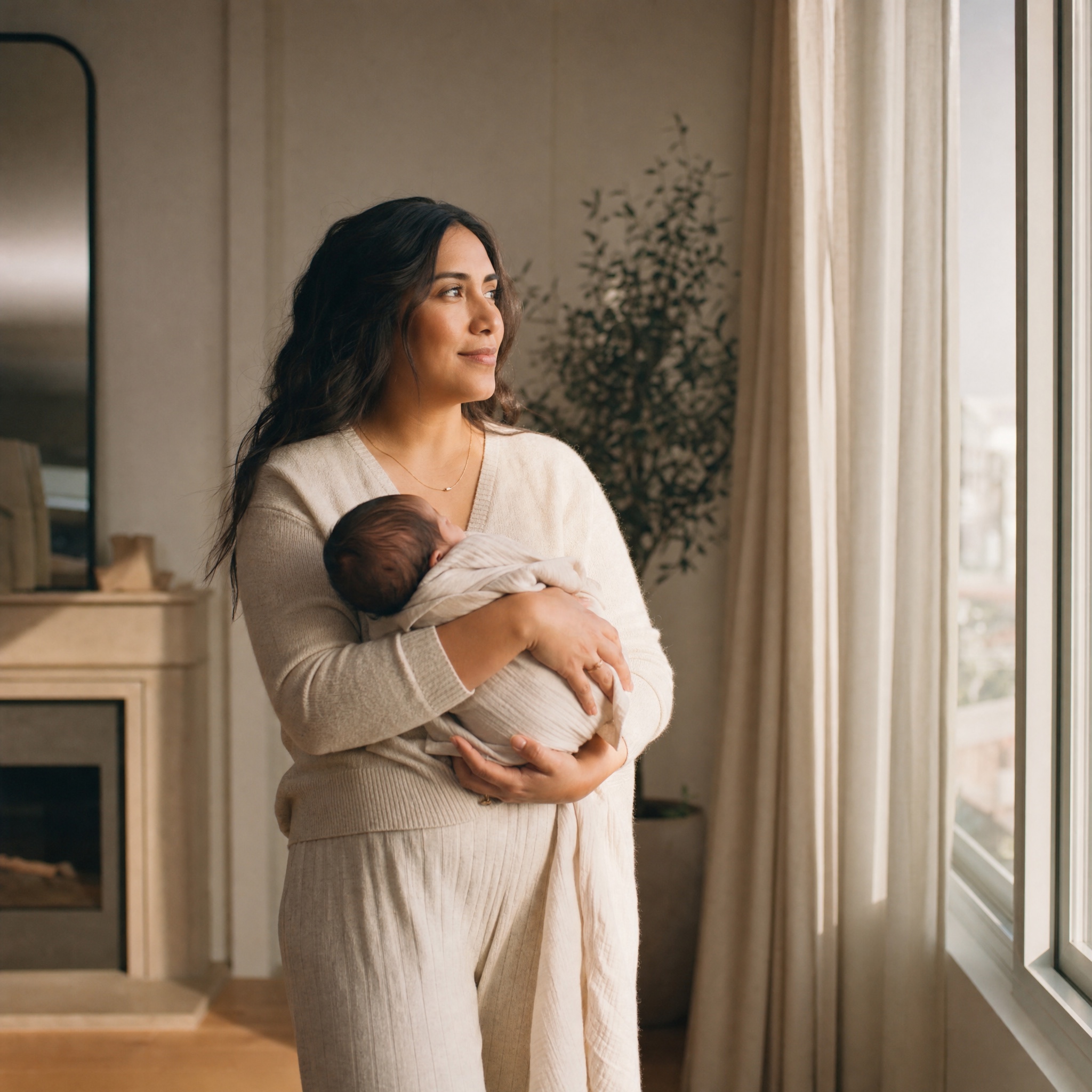 Mamá de pie junto a una ventana sosteniendo a su bebé, mirando hacia la luz con una expresión serena y esperanzada