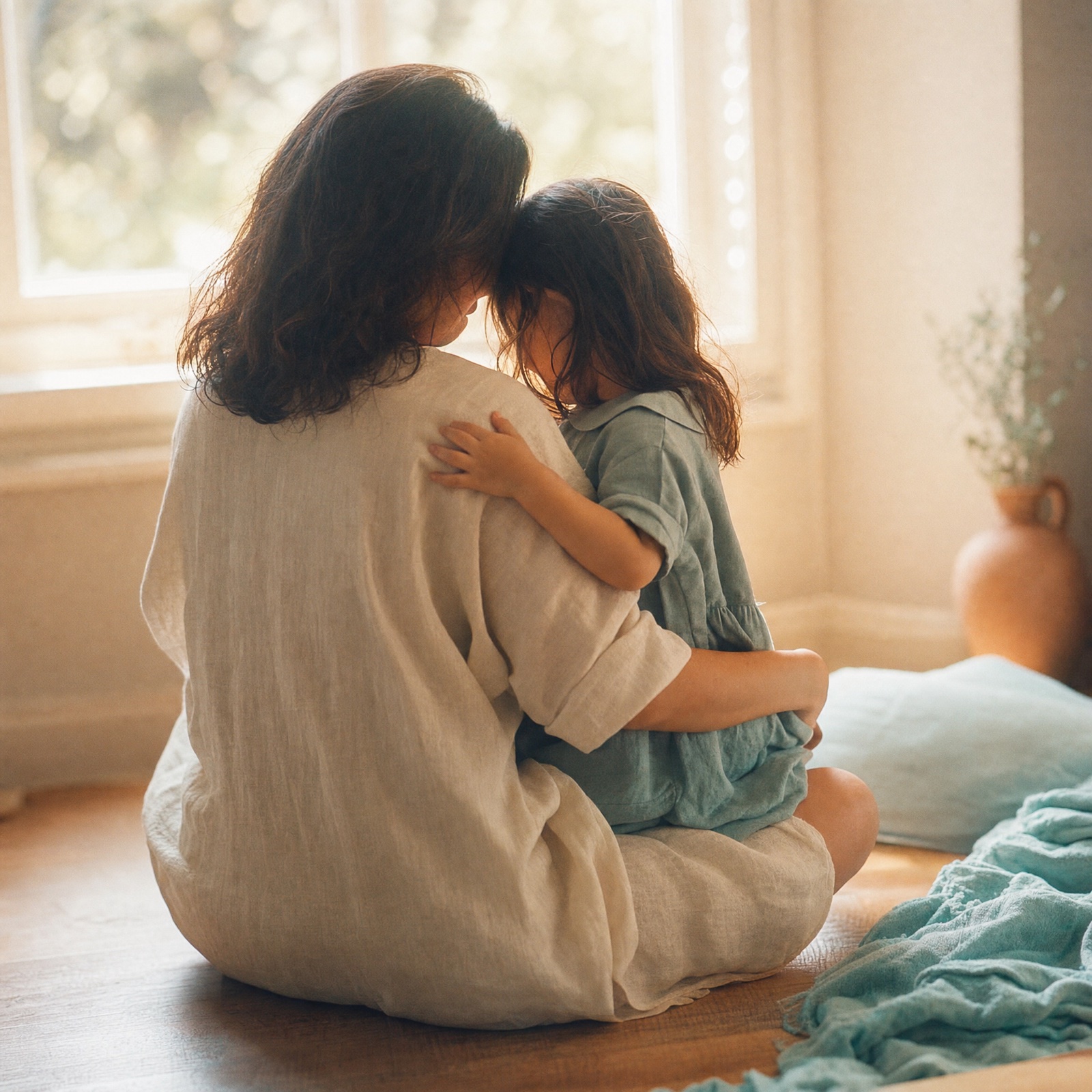 Mamá abrazada con su hija de espaldas, sentadas frente a una ventana con luz cálida de la mañana