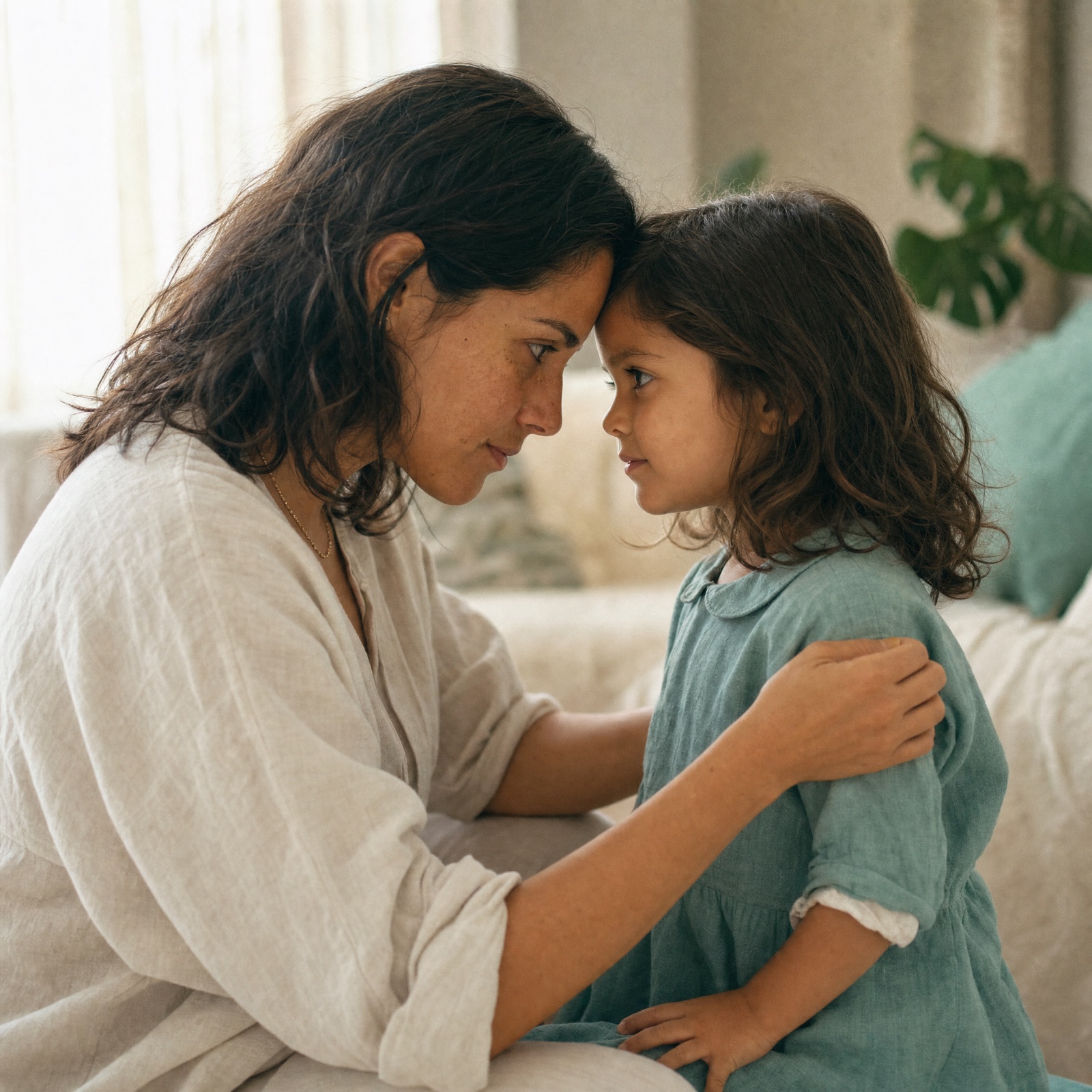 Mamá e hija sentadas frente a frente con las frentes tocándose, mirándose con calma y honestidad después de un momento difícil