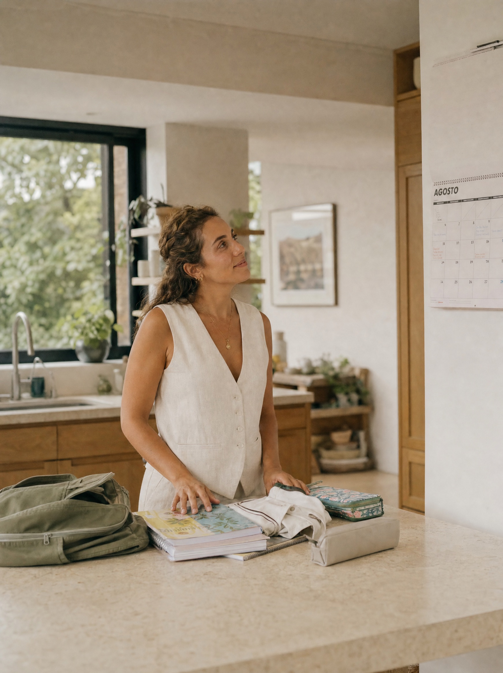 Mamá parada en la cocina entre los útiles y el uniforme a medio guardar, mirando el calendario de agosto con una sonrisa contenida