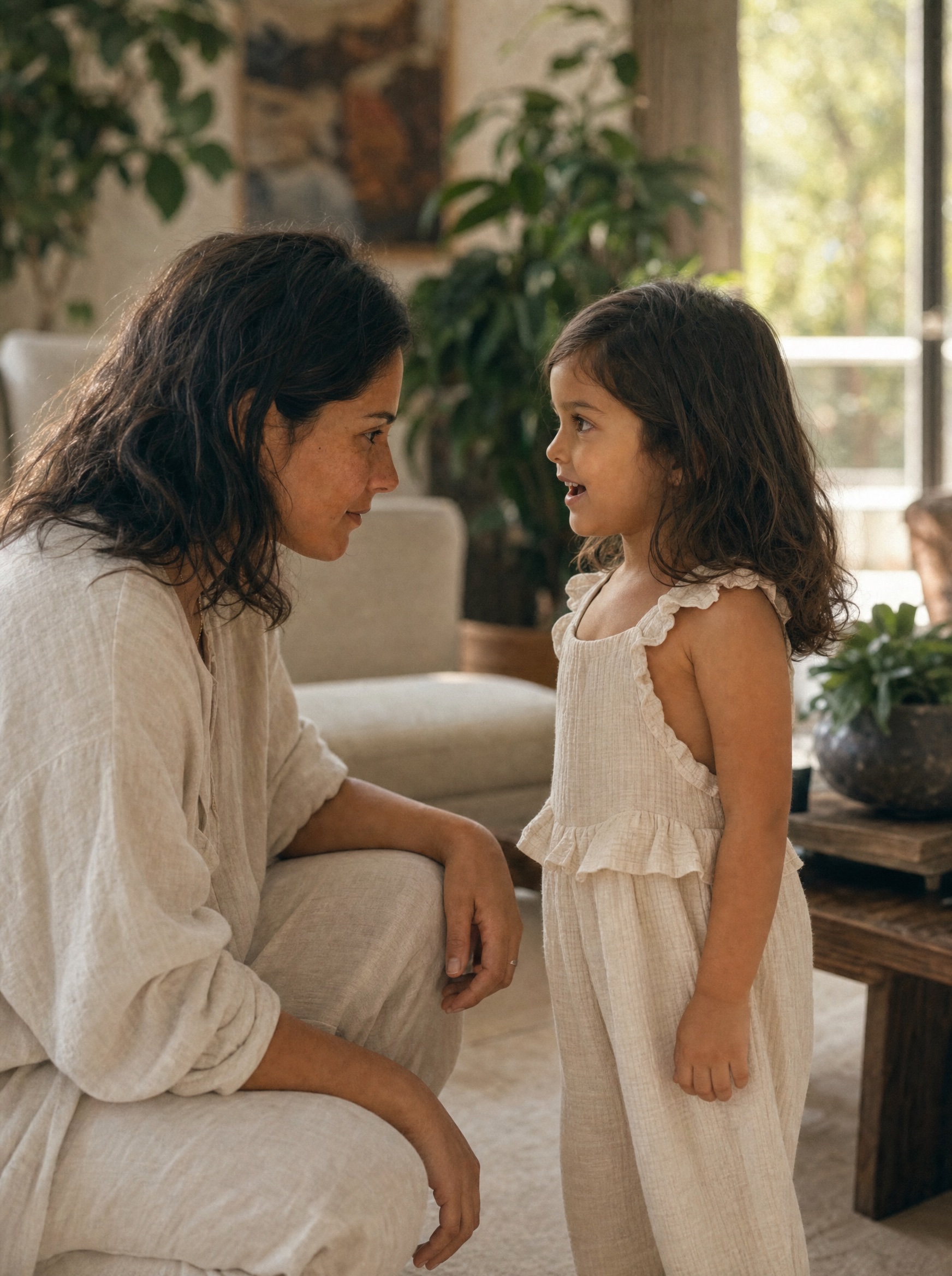 Niña mirando a su mamá con orgullo después de lograr algo por sí misma, ambas conectadas con una sonrisa