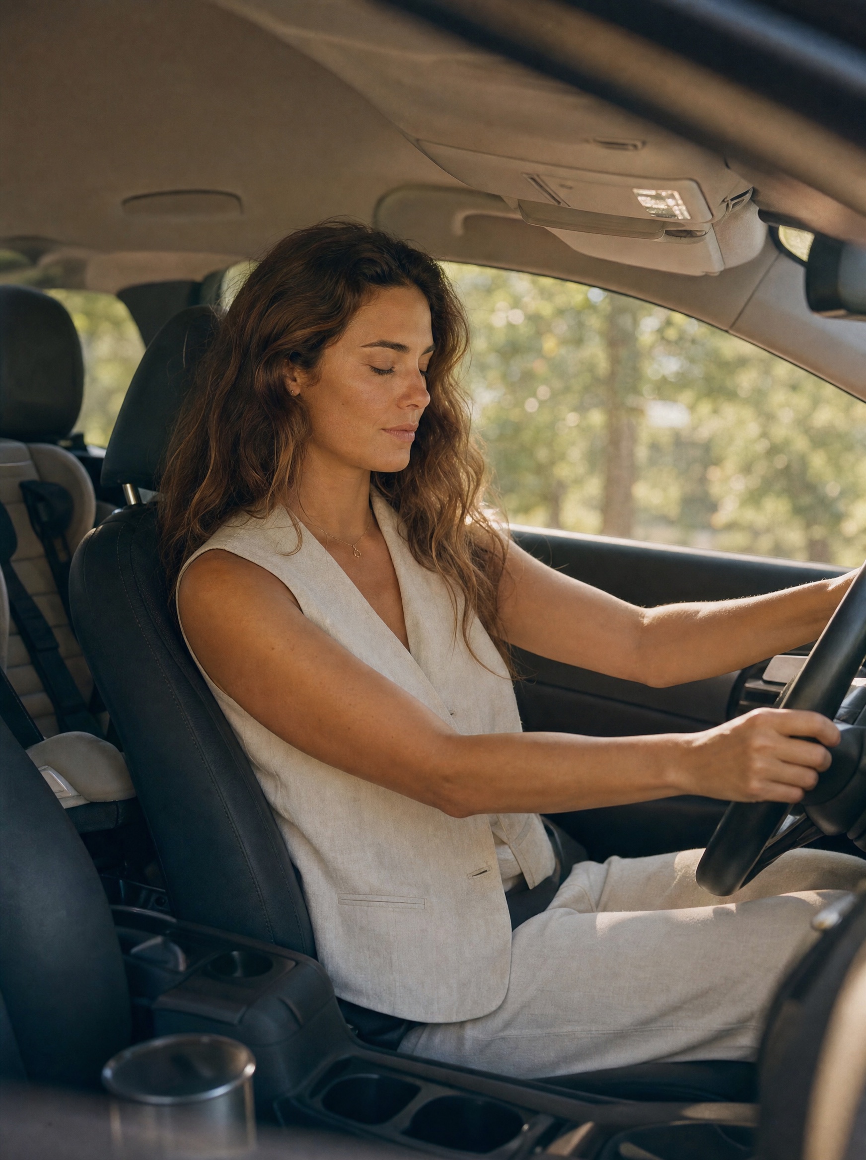 Mamá sola en el coche después de dejar a su hija, con las manos en el volante y los ojos cerrados, respirando un momento