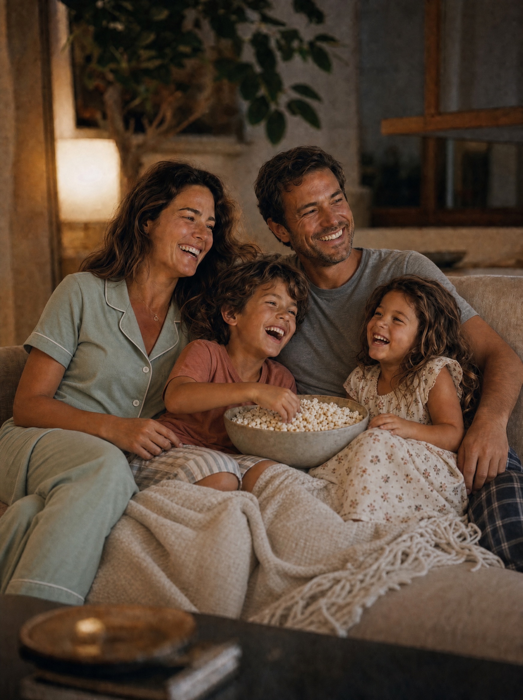 Familia completa en pijama riendo junta en el sofá con un tazón de palomitas: mamá, papá y sus dos hijos en su noche de cine