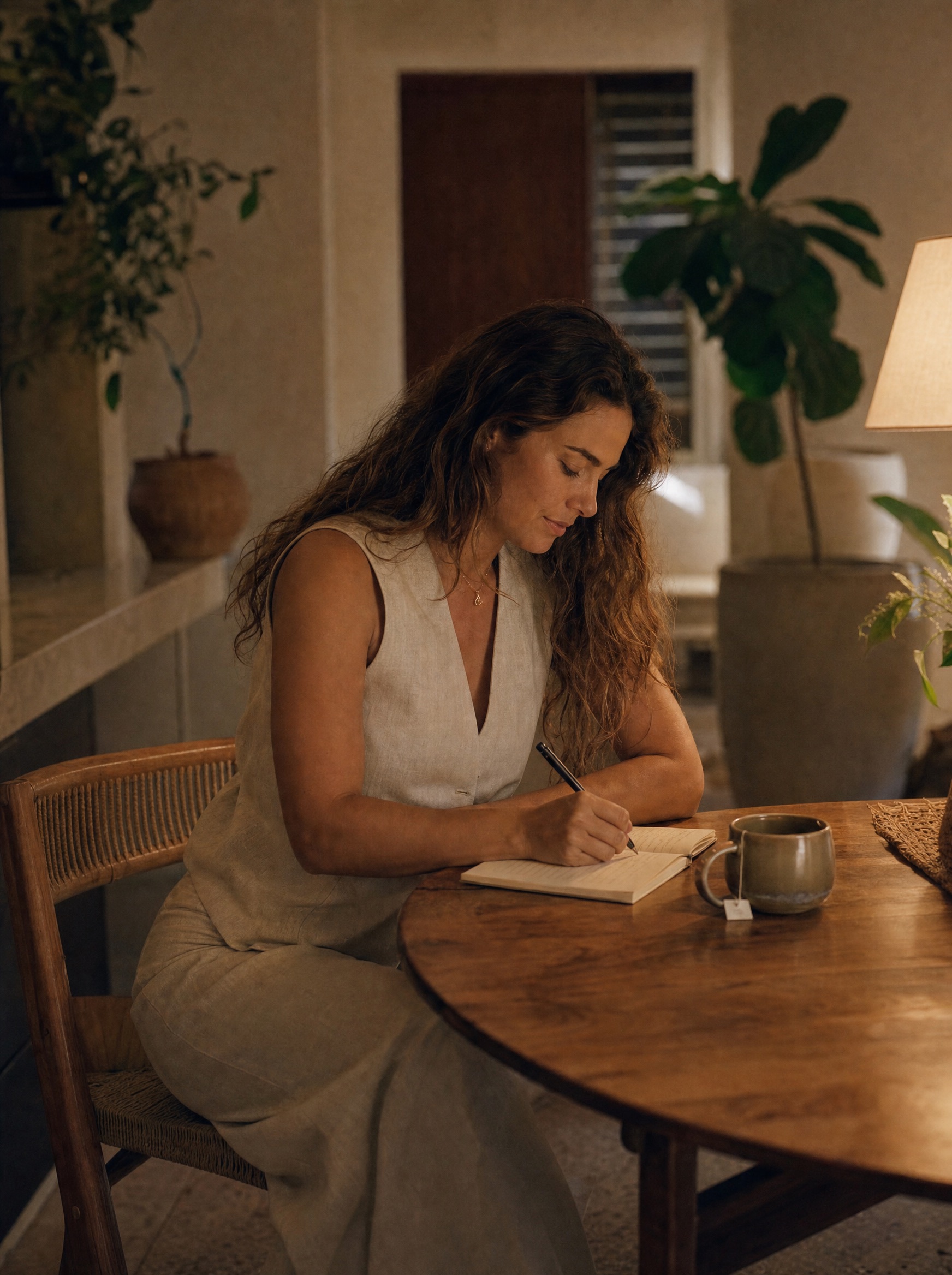 Mamá escribiendo unas líneas en su cuaderno por la noche, con una taza de té al lado, en un momento solo para ella